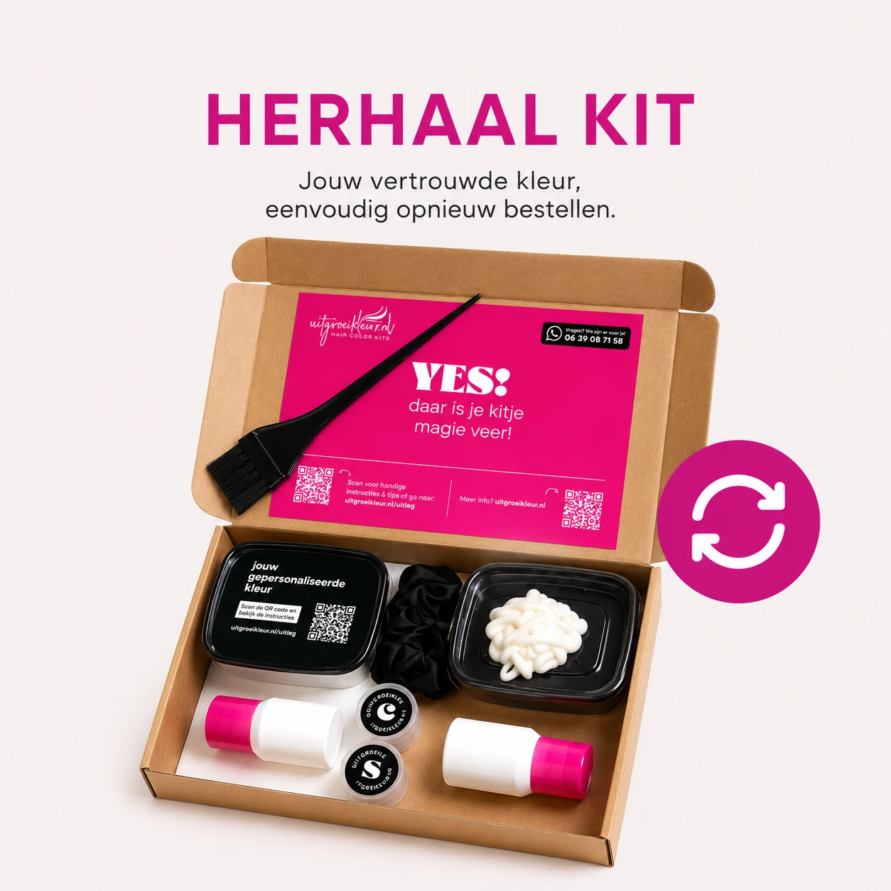 Herhaal kit van Uitgroeikleur.nl met complete haarverfset voor eenvoudig opnieuw bestellen van jouw persoonlijke haarkleur.